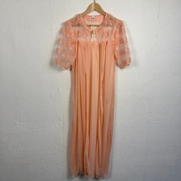 Vintage 60s Peach Lace Sheer Babydoll Negligee Robe Nightgown Dress Cottage - Picture 1 of 7